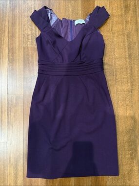 Badgley Mischka Plum V-Neck Pleated Waist Sheath Dress Sz 6